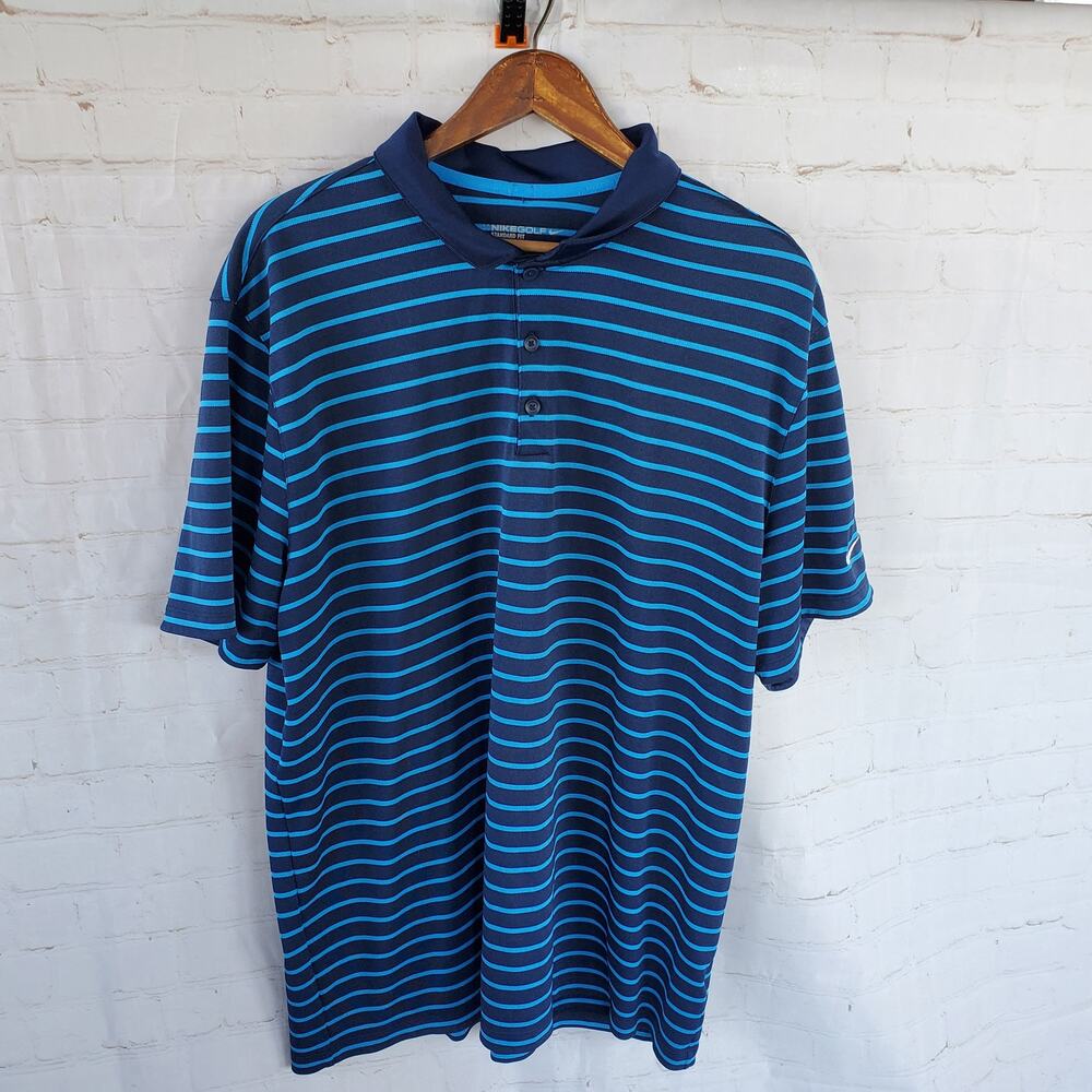 EUC Men's Nike Golf Standard Fit Dri Fit Polo XL Blue Stripes Short Sleeve Logo